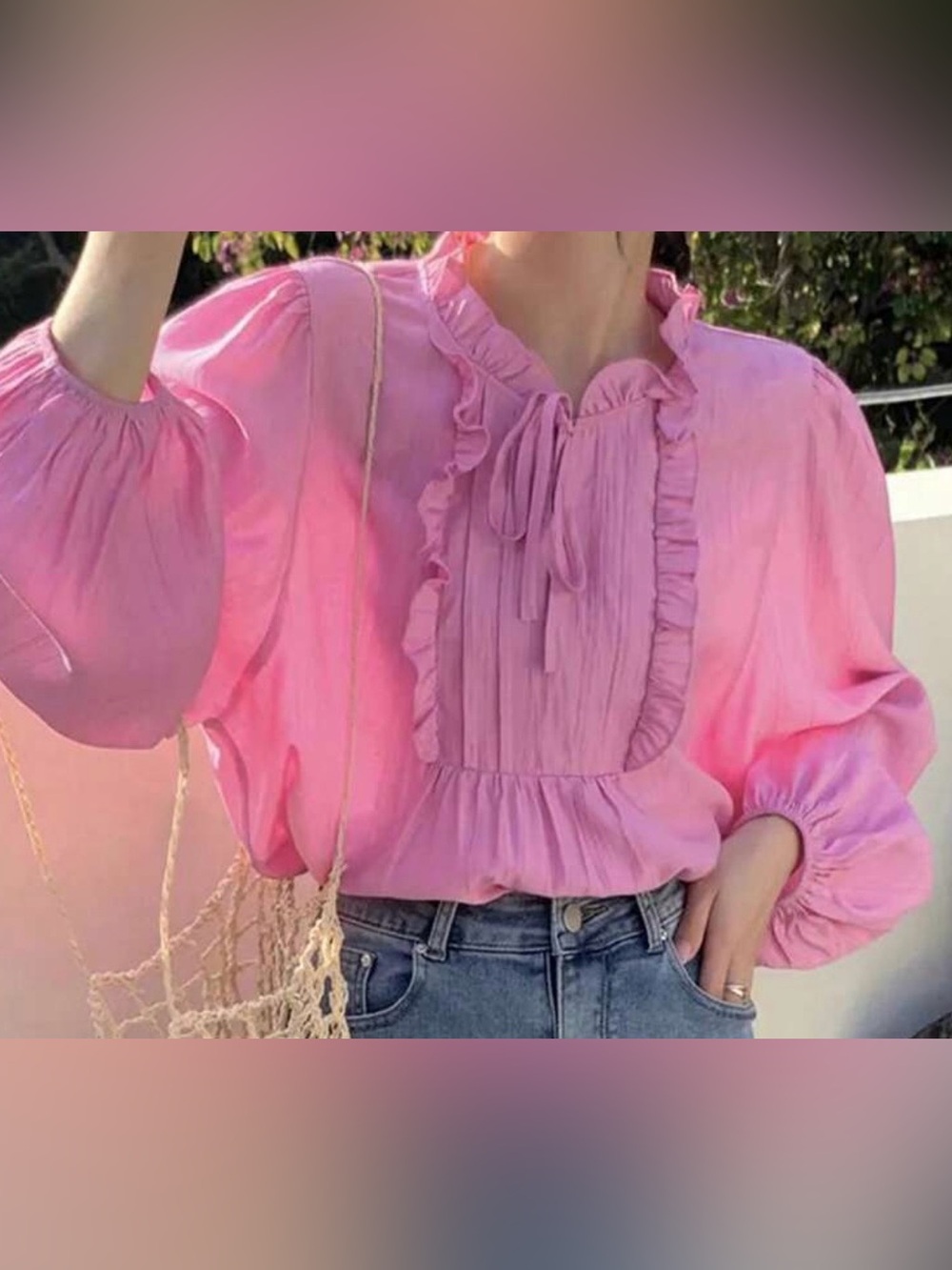 Dazy Pink Ruffle Tie-Neck Blouse